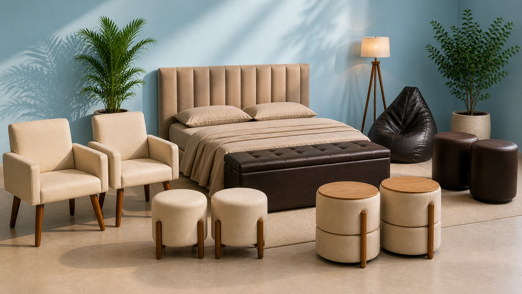 Ambiente moderno com cabeceira estofada, puffs e poltronas personalizadas